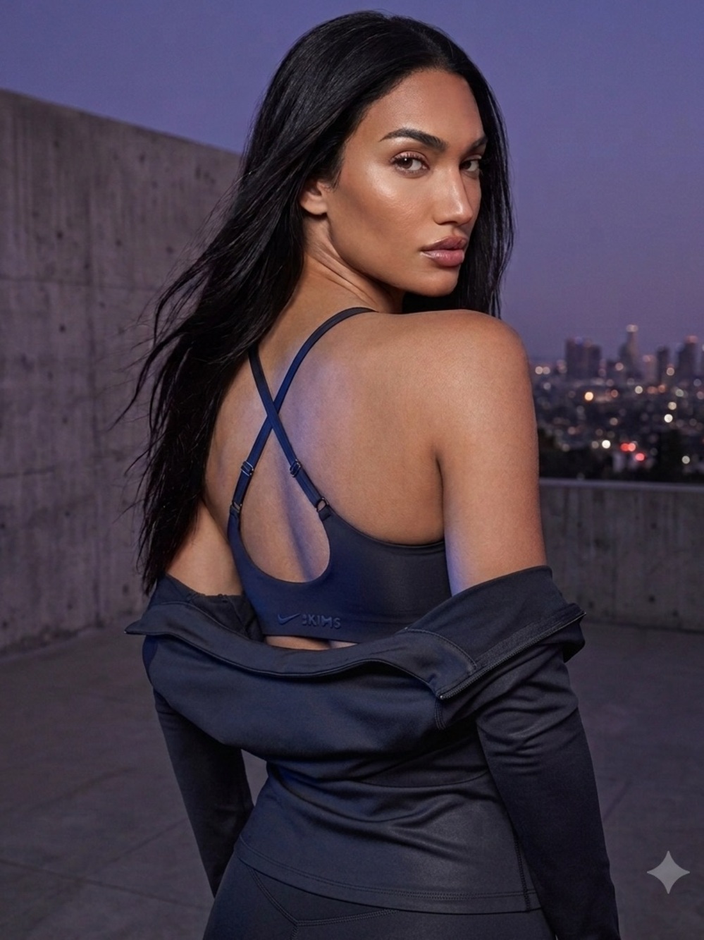 Nike x SKIMS Obsidian Shine Half Zip Long Sleeve Zip Top & Plunge Bra Set M - Picture 4 of 7